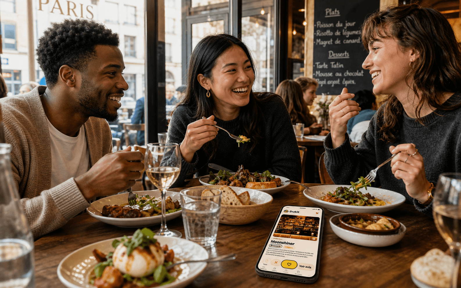 Des adultes d'origines differentes partagent un diner dans un restaurant parisien avec l'application Dinami sur la table.