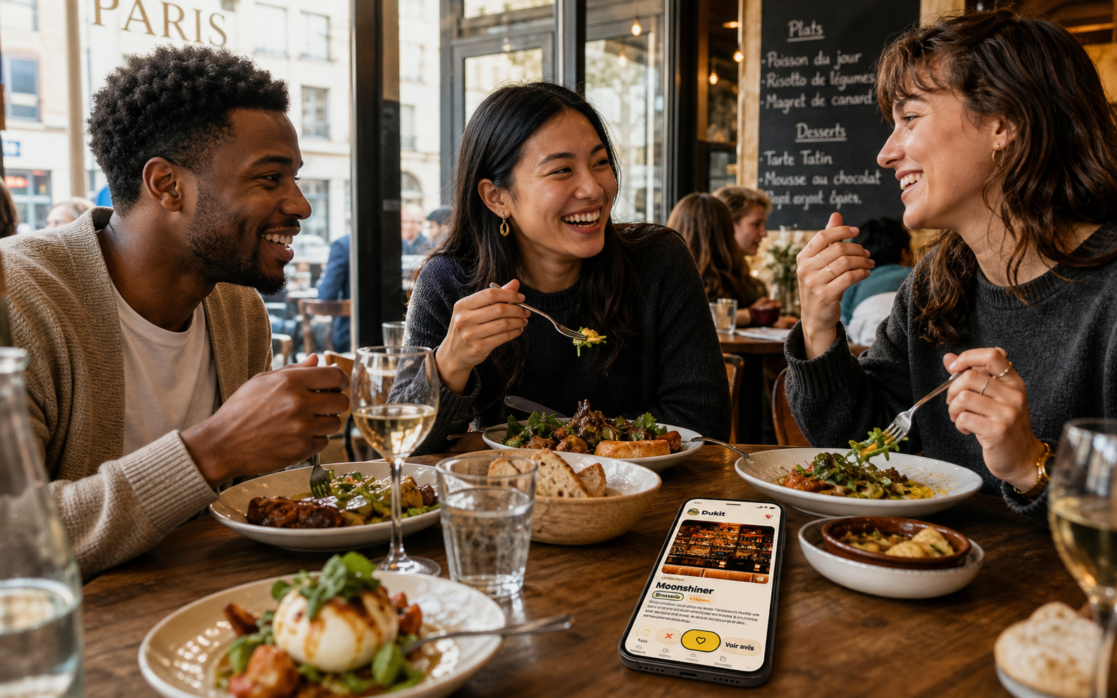 Des adultes d'origines differentes partagent un diner dans un restaurant parisien avec l'application Dinami sur la table.